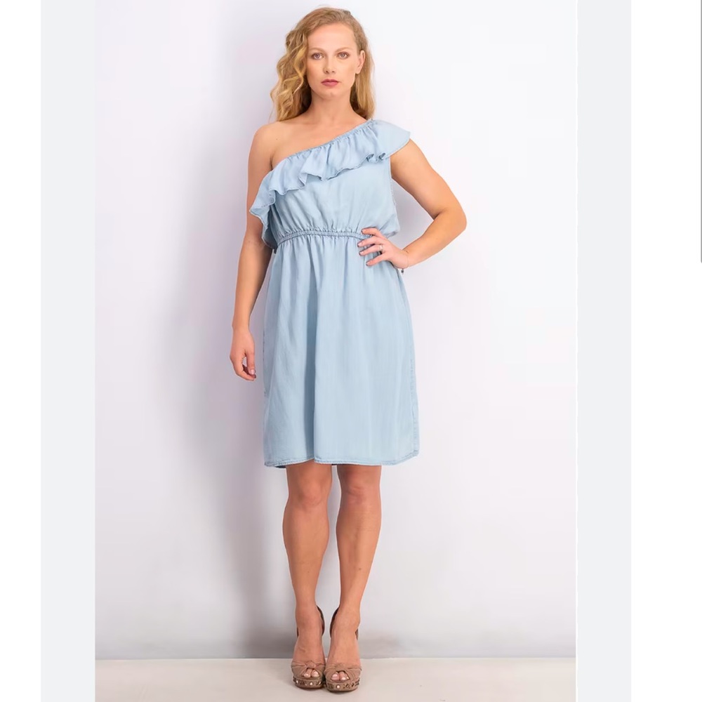 Old navy chambray light blue one shoulder ruffle dress